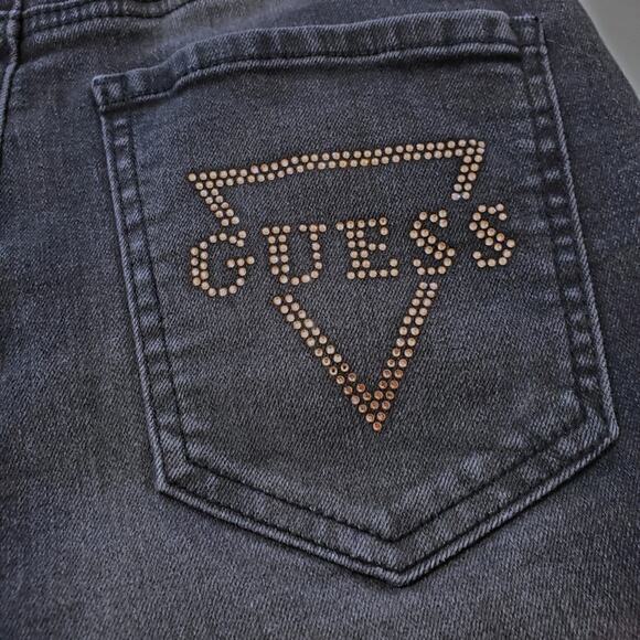 Guess | High Waist Distressed Button Up Shorts with Rhinestone Logo on Back - Picture 5 of 9